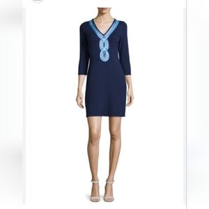 Navy V‑Neck Knit Dress with Blue Embroidered Trim